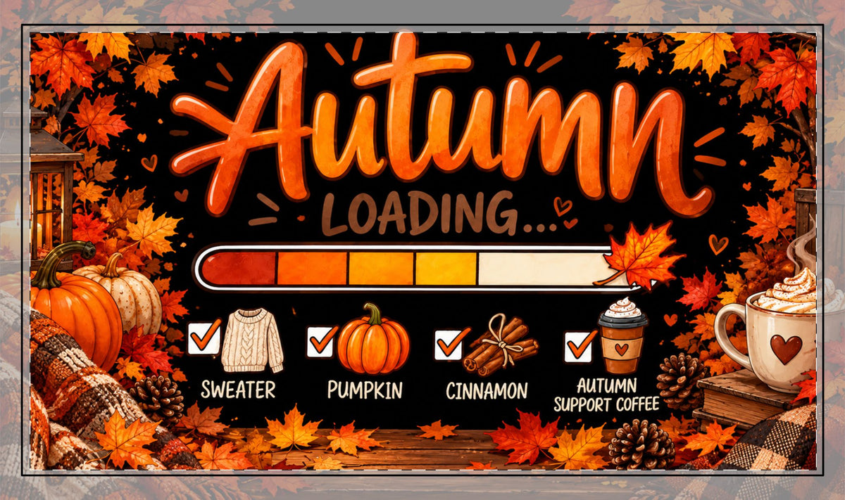 Autumn Loading Stitched Edge Desk Mat – Fall Pumpkin, Sweater & Coffee Desk Pad