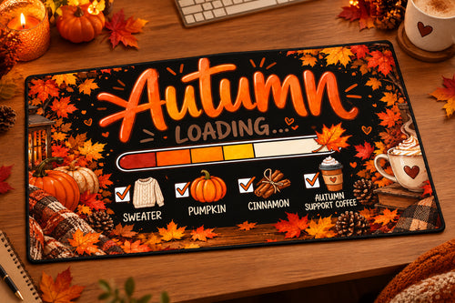 Autumn Loading Stitched Edge Desk Mat – Fall Pumpkin, Sweater & Coffee Desk Pad