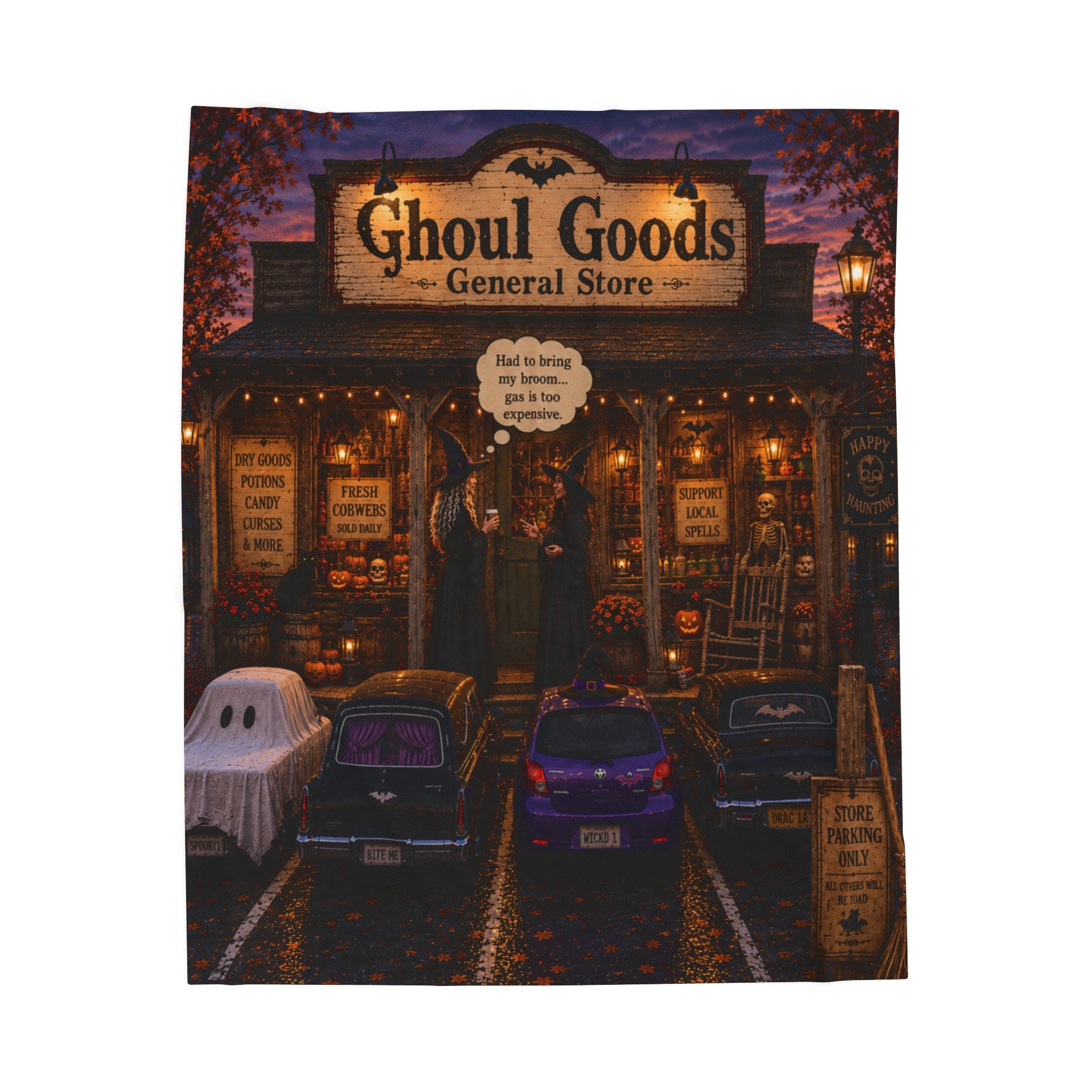 Ghoul Goods Halloween Velveteen Plush Blanket – Cozy Spooky Storefront Design