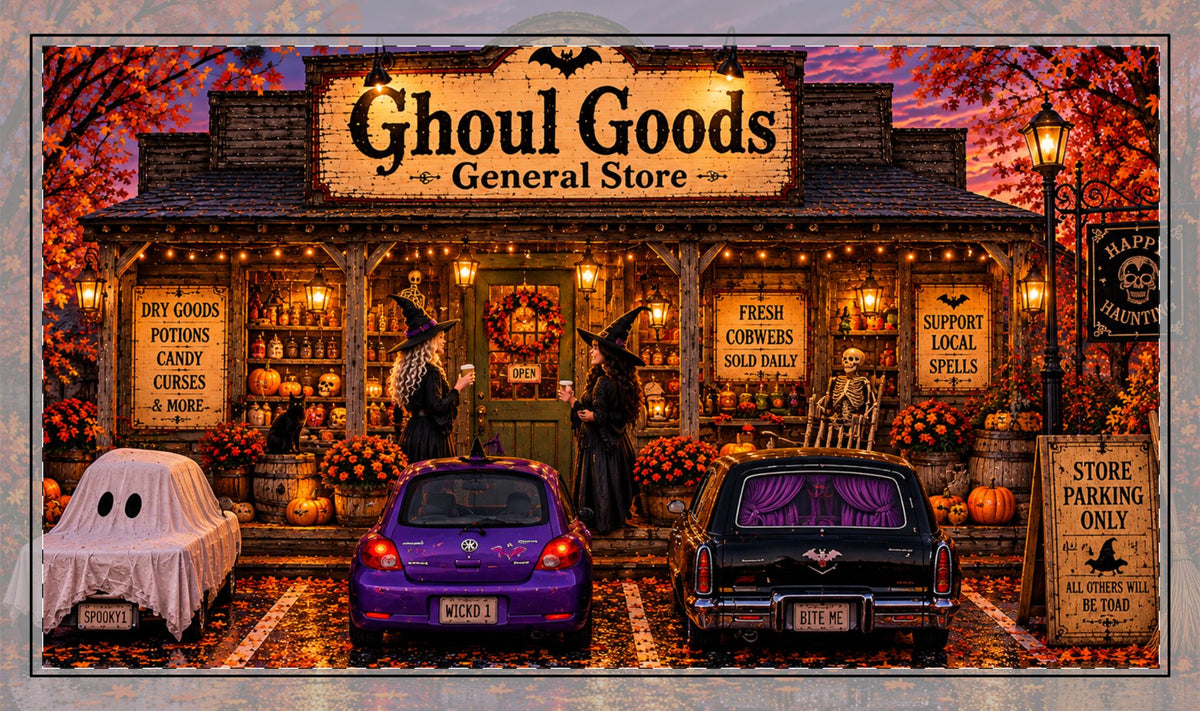 Ghoul Goods Desk Mat — Halloween Haunted General Store Stitched Edge