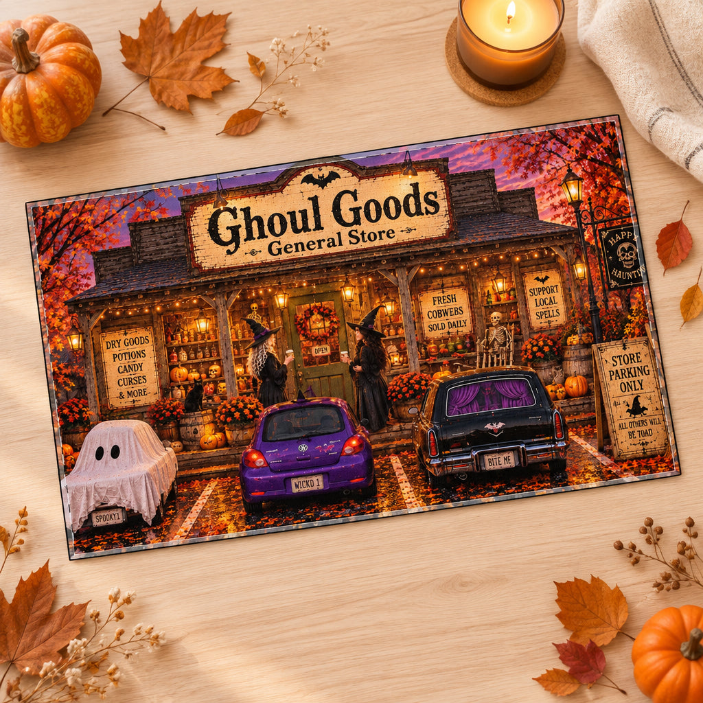 Ghoul Goods Desk Mat — Halloween Haunted General Store Stitched Edge