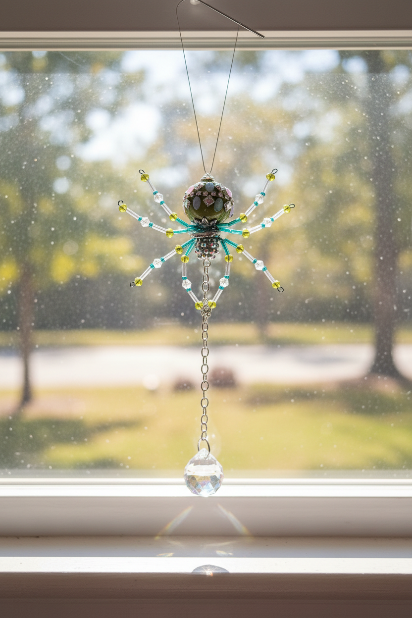 Large beaded spider with crystal sun catcher ball.